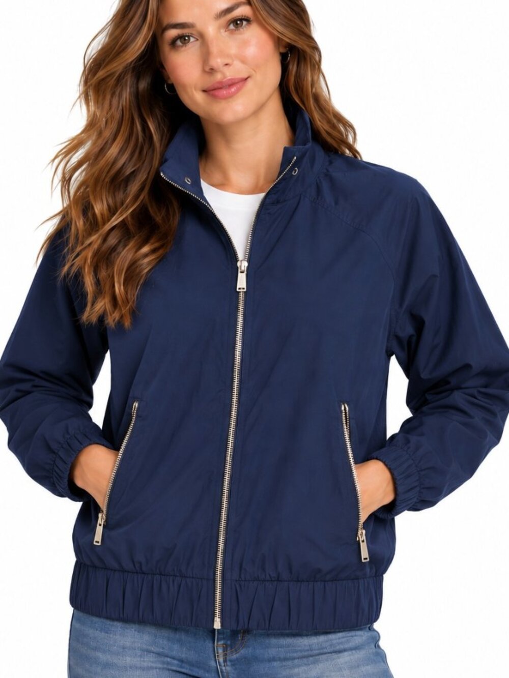 Calvin Klein Jacket Womens S Navy Blue Stretch Zip Bomber Silver Zip Lightweight